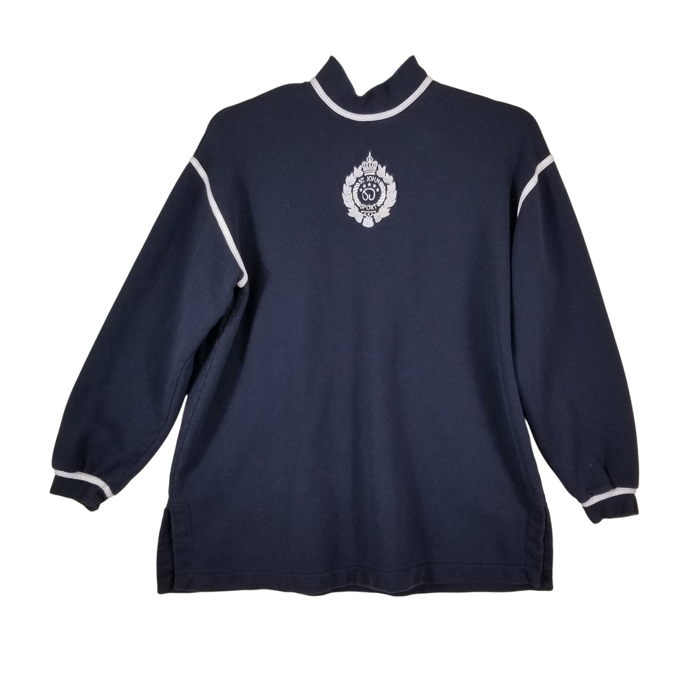 St John Sport Marie Gray Navy Blue‎ Mock Neck Crest Logo Sweatshirt Womens L